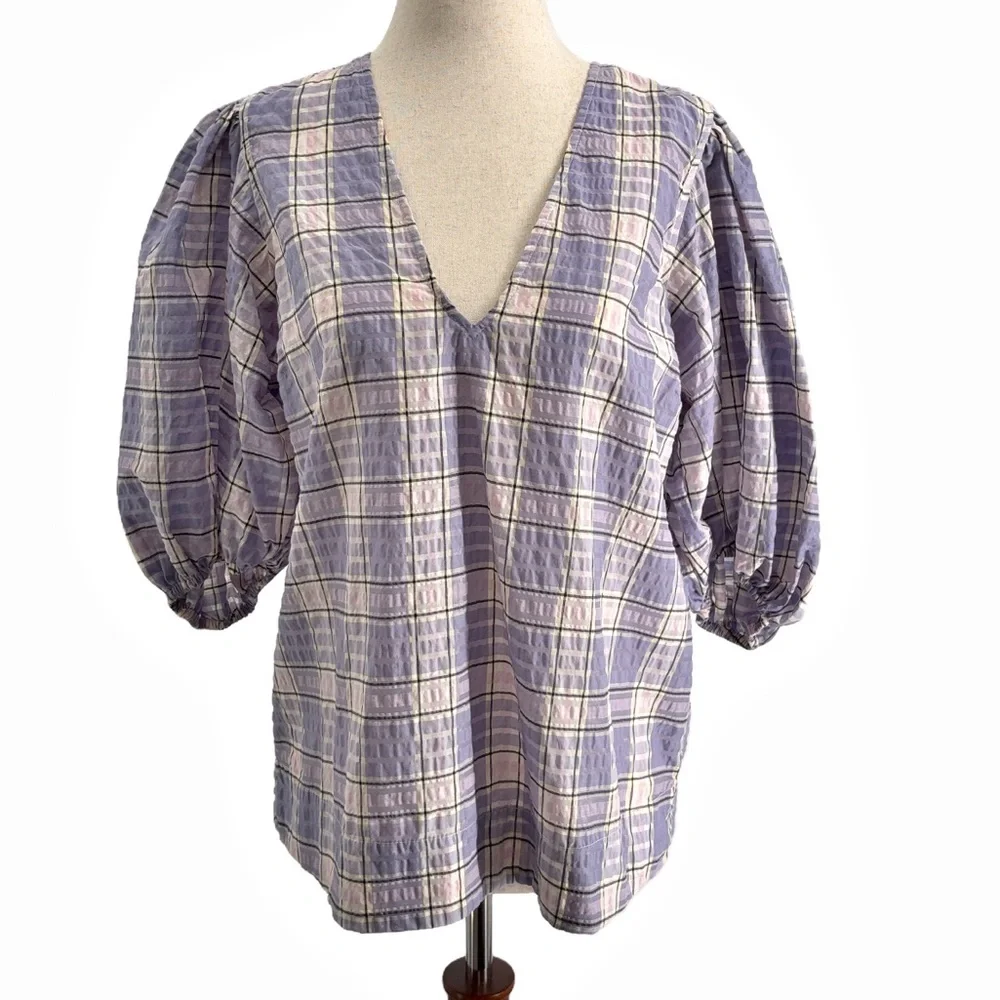 Ganni Check Seersucker Check V Neck Blouse in Persian Violet Check - Size Small - Picture 3 of 10